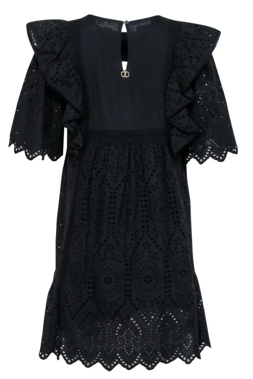 Twinset - Black Eyelet Mini Dress w/ Multicolored Floral Embroidery Sz 10