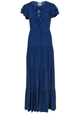 Twinset - Navy Tiered Button-Up Maxi Dress w/ Beaded & Ruffled Trim Sz XXS