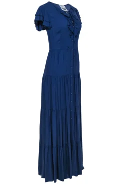 Twinset - Navy Tiered Button-Up Maxi Dress w/ Beaded & Ruffled Trim Sz XXS