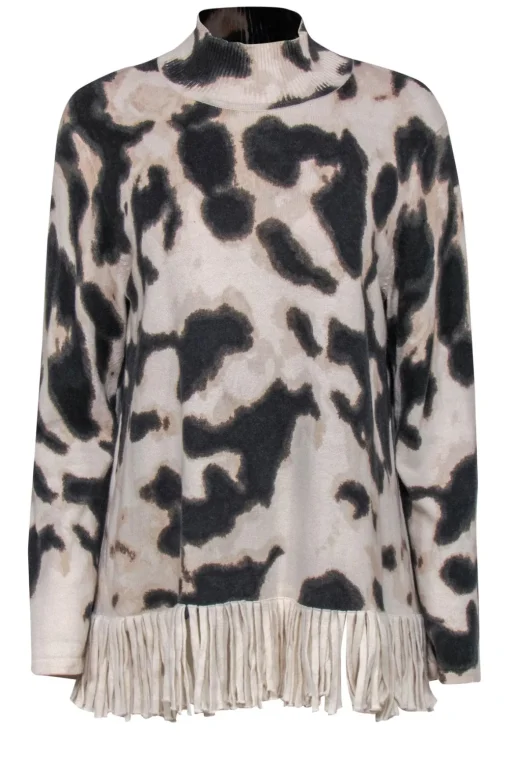 Tyler Boe - Cream & Brown Leopard Print Turtleneck Sweater w/ Fringed Hem Sz L