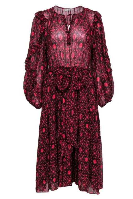 Ulla Johnson - Burgundy & Red Print Silk Midi Dress w/ Tie Sz 10