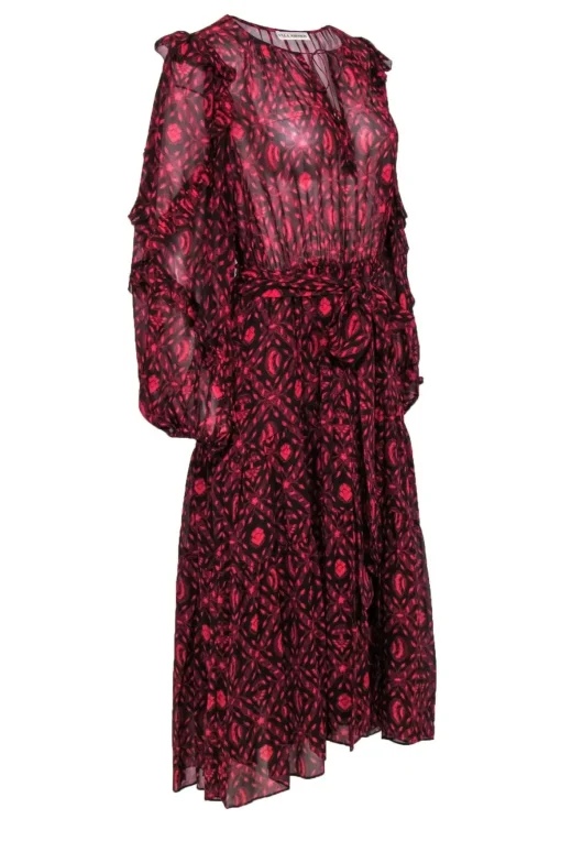 Ulla Johnson - Burgundy & Red Print Silk Midi Dress w/ Tie Sz 10