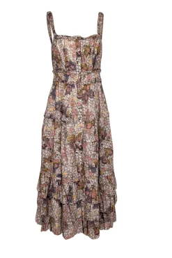 Ulla Johnson - Cream, Peach, & Yellow Floral Print Tiered Midi Dress Sz 6