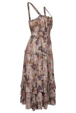 Ulla Johnson - Cream, Peach, & Yellow Floral Print Tiered Midi Dress Sz 6