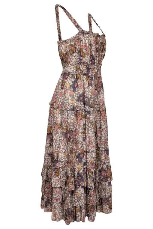 Ulla Johnson - Cream, Peach, & Yellow Floral Print Tiered Midi Dress Sz 6