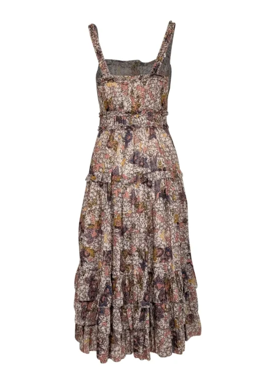 Ulla Johnson - Cream, Peach, & Yellow Floral Print Tiered Midi Dress Sz 6