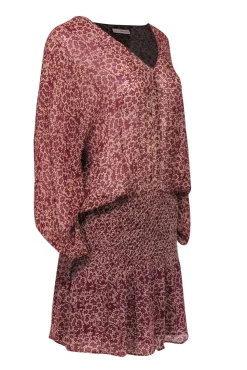 Ulla Johnson - Maroon Drop-Waist Floral Print Silk Dress Sz 8