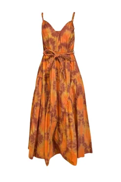 UllaJohnson - Orange & Rust Red Tie Dye Print Poplin Midi Dress Sz 0