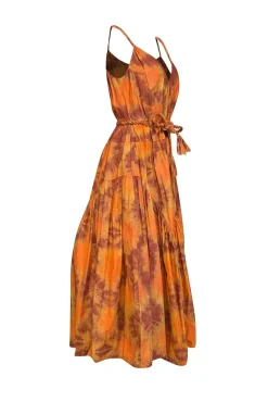 UllaJohnson - Orange & Rust Red Tie Dye Print Poplin Midi Dress Sz 0