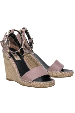 Valentino - Nude Calfskin Leather Espadrille Rock-Stud Wedges w/ Ankle Strap Sz 7