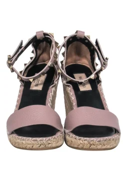 Valentino - Nude Calfskin Leather Espadrille Rock-Stud Wedges w/ Ankle Strap Sz 7
