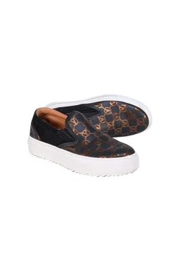 Valentino by Mario Valentino - Black & Bronze Logo Print Slip On Shoes Sz 8.5