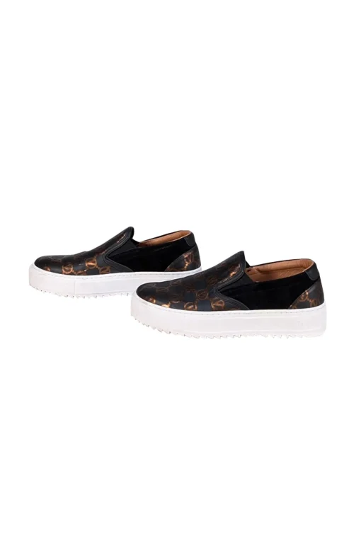 Valentino by Mario Valentino - Black & Bronze Logo Print Slip On Shoes Sz 8.5