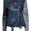 Veda - Navy & Black Lamb Leather Moto Jacket w/ Snakeskin Print Sleeve Sz L