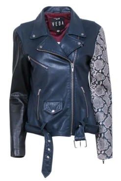 Veda - Navy & Black Lamb Leather Moto Jacket w/ Snakeskin Print Sleeve Sz L