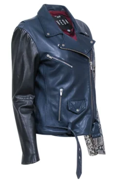 Veda - Navy & Black Lamb Leather Moto Jacket w/ Snakeskin Print Sleeve Sz L