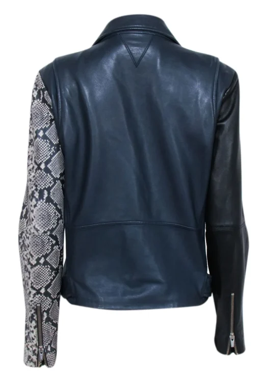 Veda - Navy & Black Lamb Leather Moto Jacket w/ Snakeskin Print Sleeve Sz L