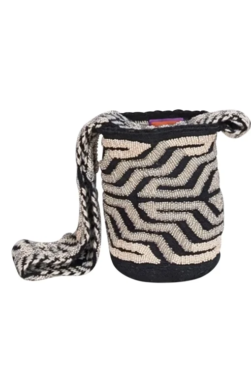Vemoc - Black & Cream Beaded Woven Cylinder Shoulder Bag
