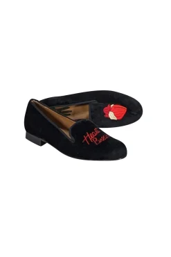 Verameat - Black Velvet Embroidered Heart Breaker Smoking Shoe Flats sz 9