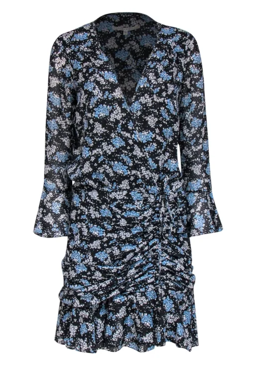 Veronica Beard - Black, Blue & White Floral Print Ruched Silk Dress Sz 8