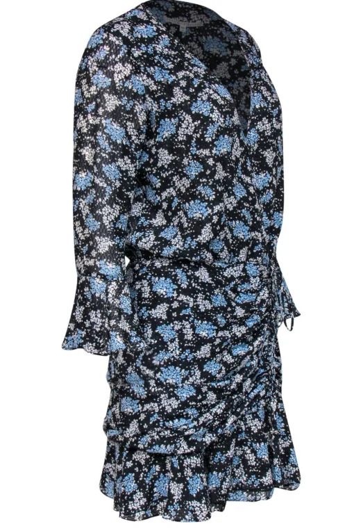 Veronica Beard - Black, Blue & White Floral Print Ruched Silk Dress Sz 8