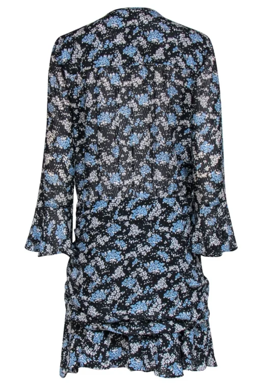Veronica Beard - Black, Blue & White Floral Print Ruched Silk Dress Sz 8