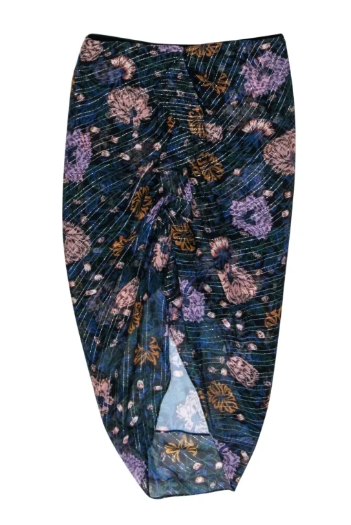 Veronica Beard - Black w/ Multicolor Floral Print Silk Ruched Skirt Sz 4