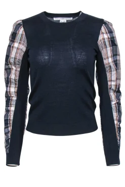 Veronica Beard - Navy Puff Sleeve "Adler Mixed Media" Wool Sweater w/ Plaid Trim Sz XS