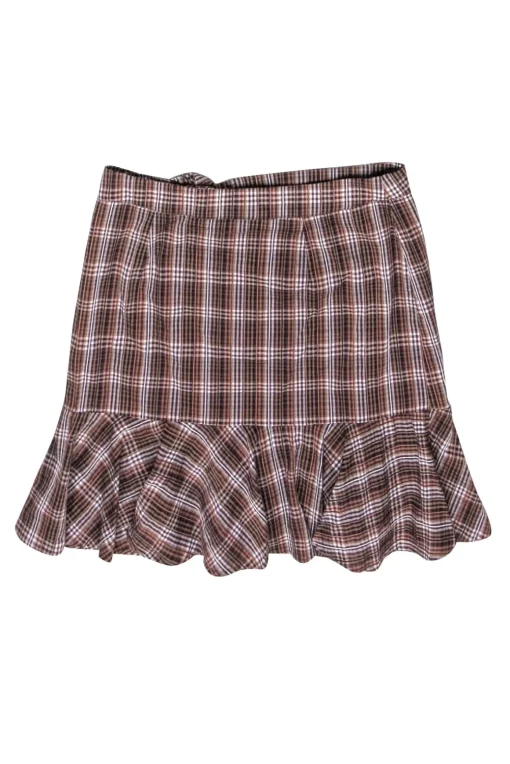 Veronica Beard - Tan, Maroon, & Navy Plaid Ruffled Mini Skirt Sz 4