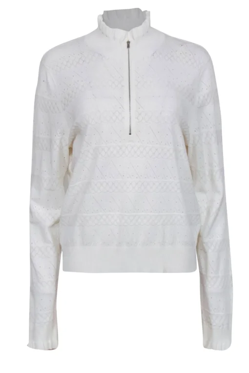 Veronica Beard - White Pointelle Ruffled Quarter Zip Sweater Sz XL