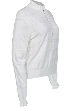 Veronica Beard - White Pointelle Ruffled Quarter Zip Sweater Sz XL