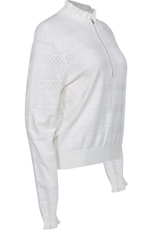 Veronica Beard - White Pointelle Ruffled Quarter Zip Sweater Sz XL