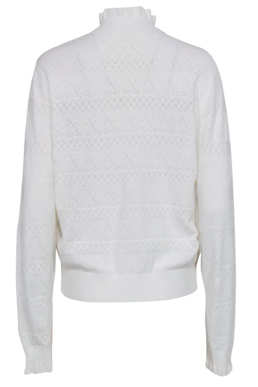 Veronica Beard - White Pointelle Ruffled Quarter Zip Sweater Sz XL
