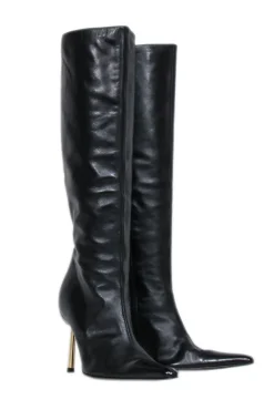 Versace – Black Leather Boots w/ Gold Stiletto Heel Sz 8