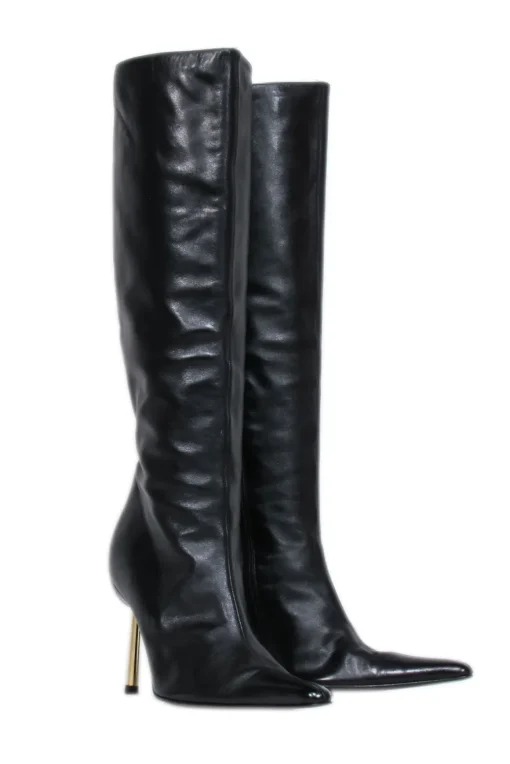Versace – Black Leather Boots w/ Gold Stiletto Heel Sz 8