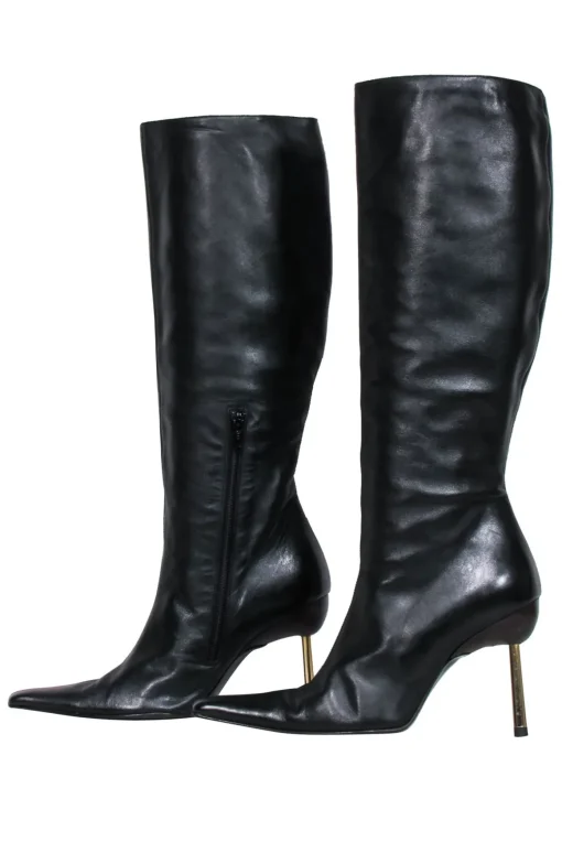 Versace – Black Leather Boots w/ Gold Stiletto Heel Sz 8