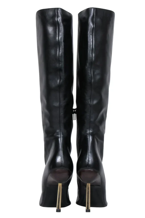 Versace – Black Leather Boots w/ Gold Stiletto Heel Sz 8