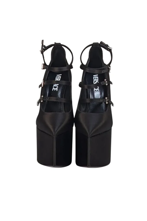 Versace - Black Satin Chunky Platform Multi Buckle Strap Heels Sz 6.5