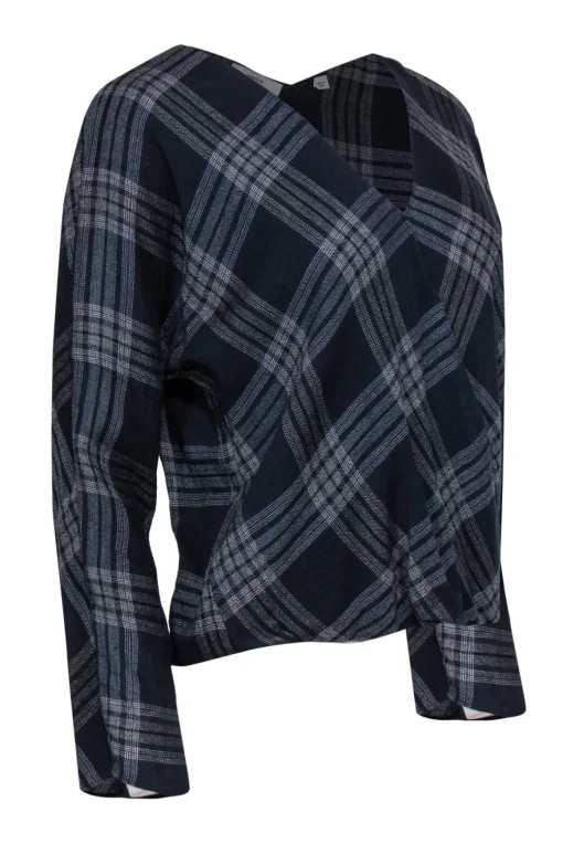Vince - Navy & White Plaid V-Neck Long Sleeve Blouse Sz S