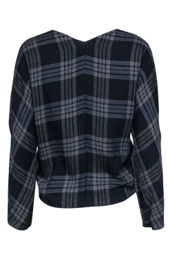 Vince - Navy & White Plaid V-Neck Long Sleeve Blouse Sz S