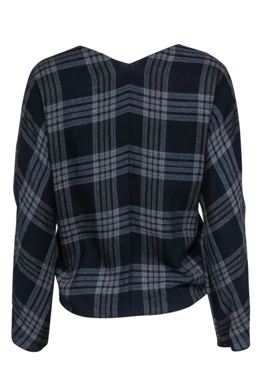 Vince - Navy & White Plaid V-Neck Long Sleeve Blouse Sz S