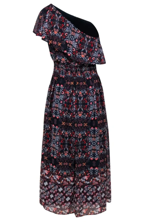Vince Camuto - Navy & Multicolor Floral Print One-Shouldered Maxi Dress Sz 10