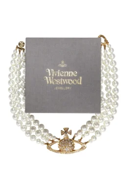 Vivienne Westwood - Three Strand Faux Pearl Choker Necklace w/ Jeweled Gold Logo