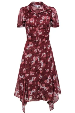 Walter Baker - Brick Red Floral Button Front Midi Dress w/ Ruffle Sz XS