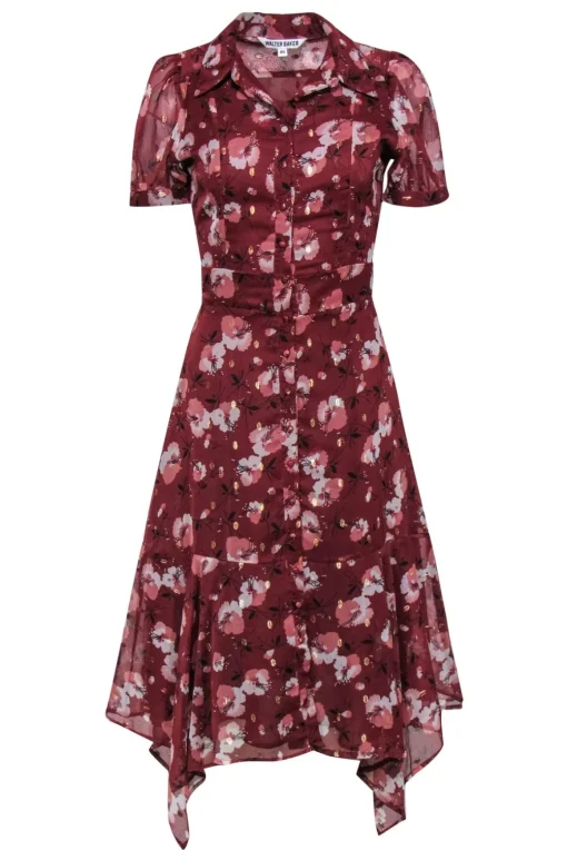 Walter Baker - Brick Red Floral Button Front Midi Dress w/ Ruffle Sz XS