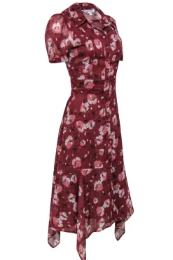Walter Baker - Brick Red Floral Button Front Midi Dress w/ Ruffle Sz XS