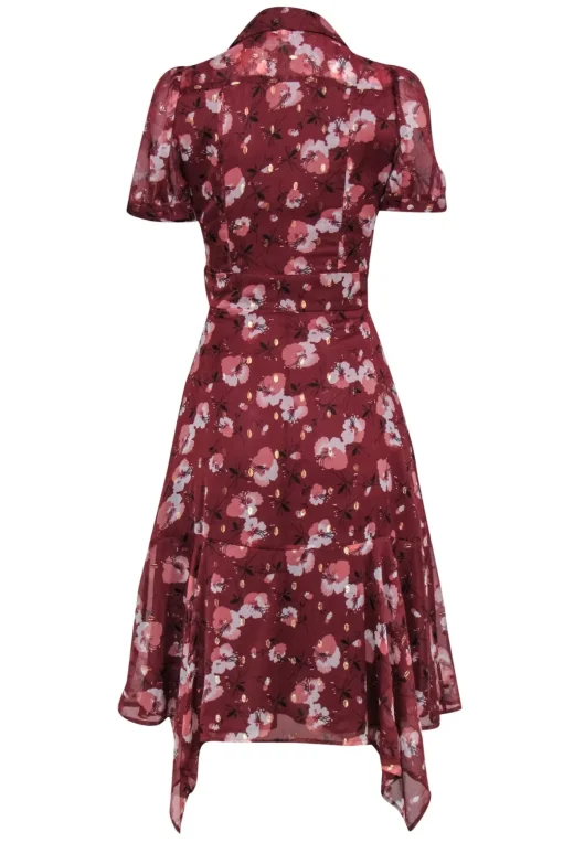 Walter Baker - Brick Red Floral Button Front Midi Dress w/ Ruffle Sz XS