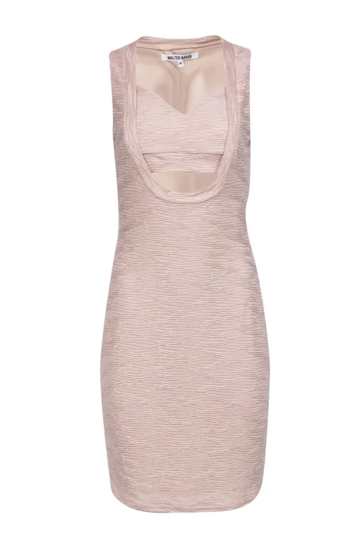 Walter Baker - Tan Textured Fitted Midi Dress w/ Front Cutout Sz M