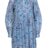 Warm - Blue Floral Print Long Sleeve Pleated Shift Dress Sz 0