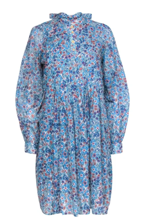 Warm - Blue Floral Print Long Sleeve Pleated Shift Dress Sz 0